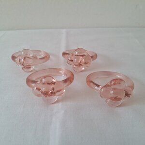 Set of Four Vintage 1980s Transparent Pink Napkin Rings Holders Flower Bloom